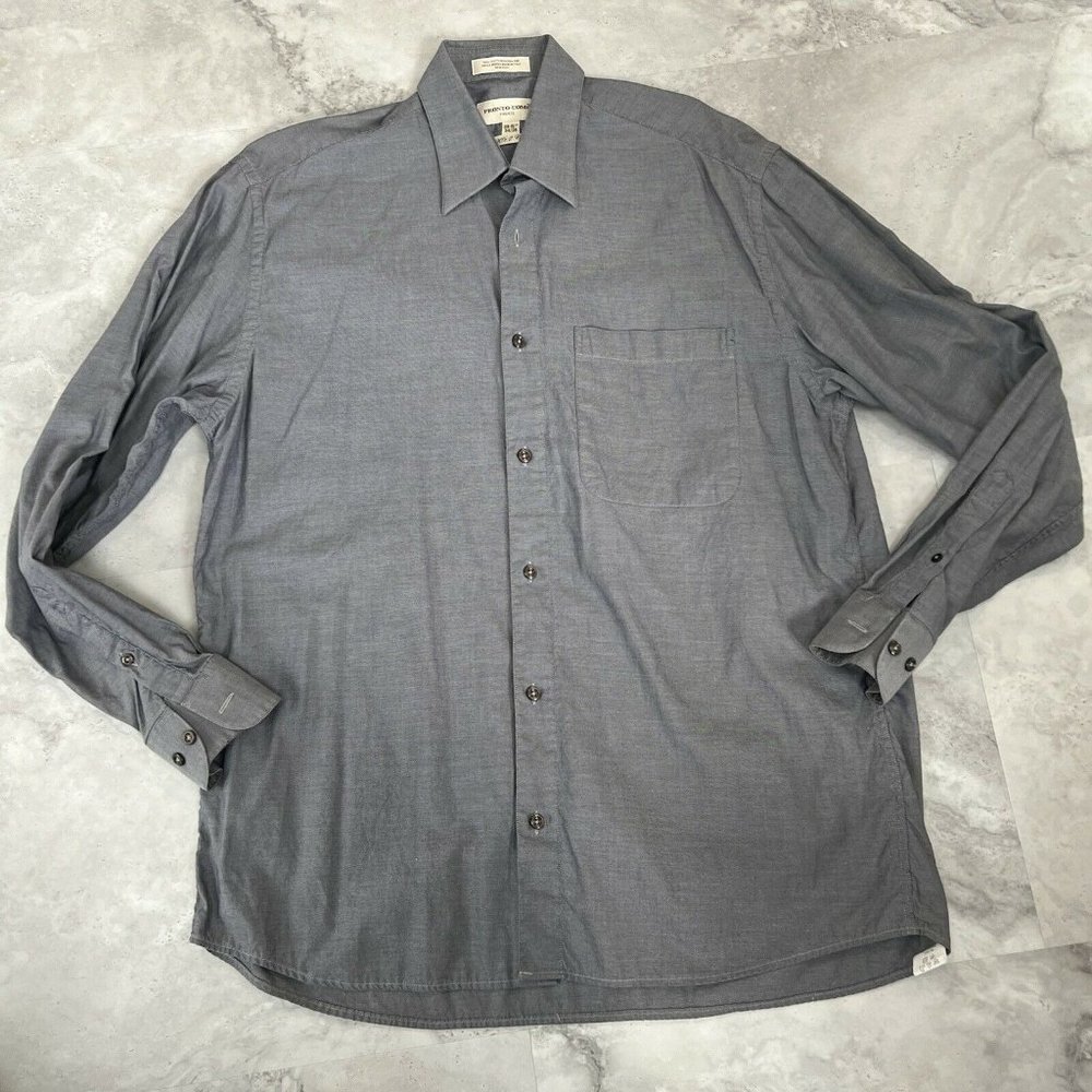 Pronto‎ Uomo Firenze Gray Italy Mens Button Down Shirt Size 39 15.5 34/35 90's